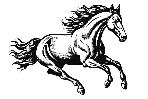 Wild running horse sketch, black line art style vector illustration isolated on white background.