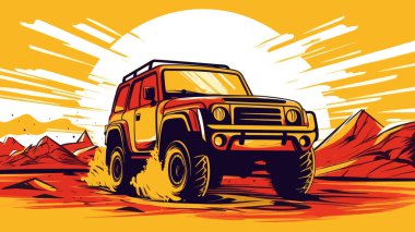 Wild SUV bashing in desert on a huge sun background. 4x4 sport, safari off road adventure horizontal banner vector illustration. clipart
