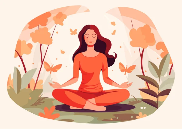 Ung Kvinde Mediterer Lotus Udgør Orange Farve Natur Baggrund Flad – Stock-vektor