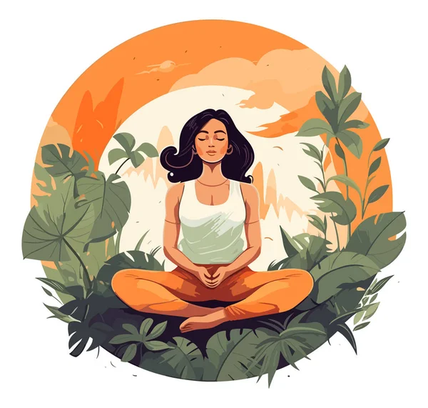Nilüfer Çiçekli Yogi Kadın Doğada Meditasyon Yapıyor Ruhani Yuvarlak Çerçeve — Stok Vektör