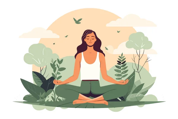 Nilüfer Çiçeği Pozunda Meditasyon Yapan Genç Bir Kadın Taze Doğa — Stok Vektör