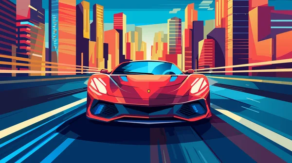 Red Luxury Sports Car Running High Speed Downtown City Road — Stock Vector