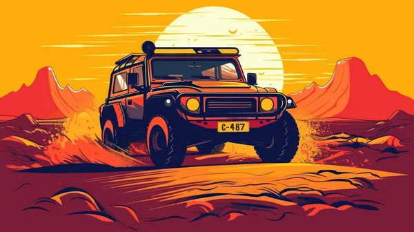 Offroad Suv Golpeando Desierto Cañones Sobre Fondo Puesta Sol Ilustración — Vector de stock