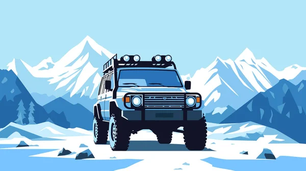 Suv Fuoristrada Piedi Nella Neve Sullo Sfondo Montagne Invernali 4X4 — Vettoriale Stock