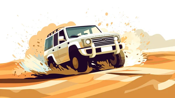 老式风格的白色Suv汽车在沙漠中颠簸 四轮驱动的越野旅行 横向横幅矢量图解 — 图库矢量图片