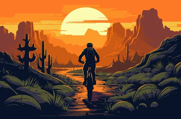 Biker Rijden Een Pad Naar Canyons Tijdens Zonsondergang Wilde Natuur — Stockvector