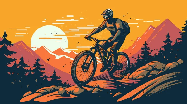 Ακραία Ποδήλατο Βουνού Ιππασίας Ποδήλατο Στα Βουνά Ένα Όμορφο Φόντο — Διανυσματικό Αρχείο