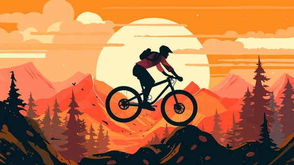 Extreme Mountain Biker Jumping Rock Hills Mountainous Beautiful Wild Nature — Stock Vector
