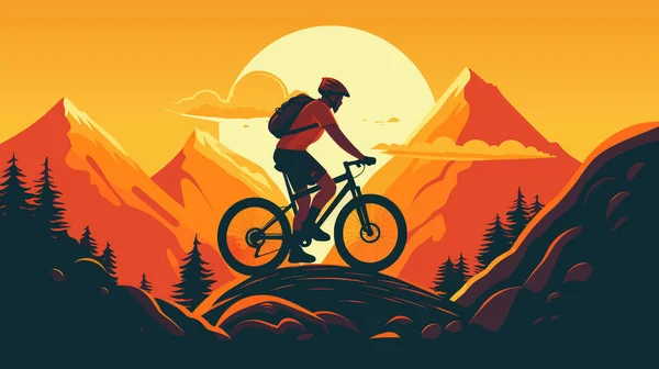 Extreme Mountain Biker Riding Hills Mountainous Beautiful Wild Nature Background — Stock Vector