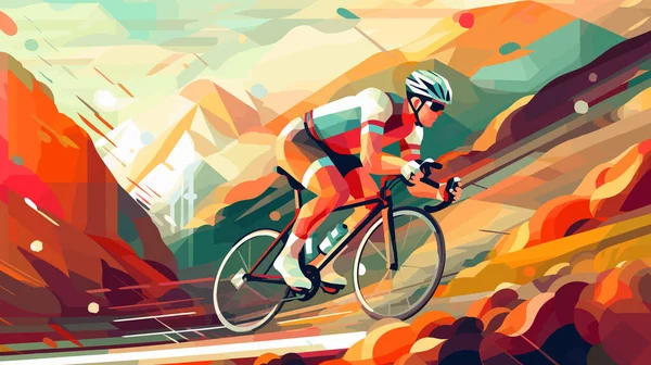 抽象的なオレンジ色のグラフィックの背景に自転車に乗るプロの自転車乗り サイクルスポーツ低ポリスタイルのポスター ベクトルイラスト — ストックベクタ