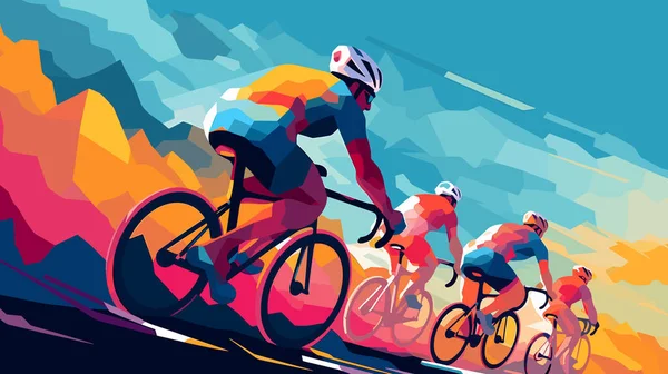 骑自行车的人骑自行车参加自行车比赛 自行车运动低矮多彩的矢量海报 — 图库矢量图片