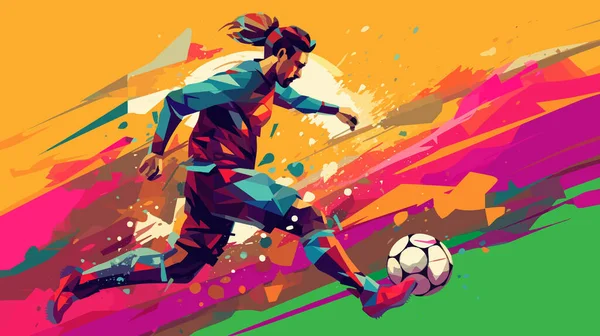 Dribbling Ποδοσφαιριστής Μπάλα Ποδοσφαίρου Επίπεδη Τέχνη Στυλ Πολύχρωμο Αφίσα Διάνυσμα — Διανυσματικό Αρχείο