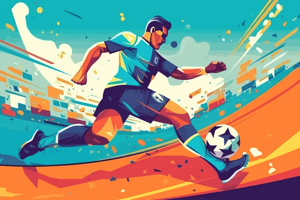 Dribbling Ποδοσφαιριστής Μπάλα Ποδοσφαίρου Επίπεδη Τέχνη Στυλ Πολύχρωμο Αφίσα Διάνυσμα — Διανυσματικό Αρχείο