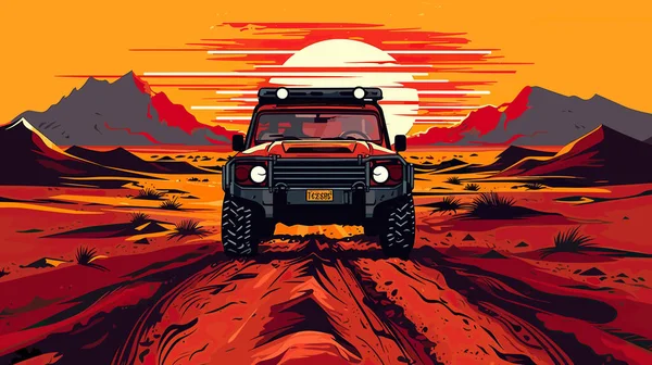 Rode Offroad Suv Rijden Woestijn Een Hete Zonsondergang Achtergrond 4X4 — Stockvector