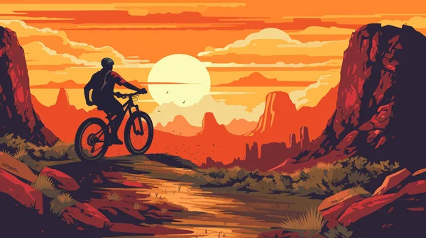 Extreme Mountain Biker Enjoying Beautiful View Wild Mountainous Nature Sunset — Stock Vector
