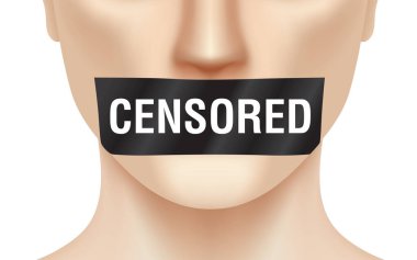 Ağzını CENSORED bantlı biri kapatmış. Konuşma özgürlüğü, konsept vektör çizimi.