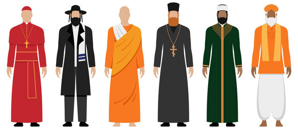 Major religions spiritual leaders with different style clothing, vector illustration set isolated.