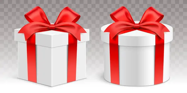 Ensemble Boîtes Cadeaux Rondes Carrées Forme Blanche Enveloppées Rubans Rouges — Image vectorielle