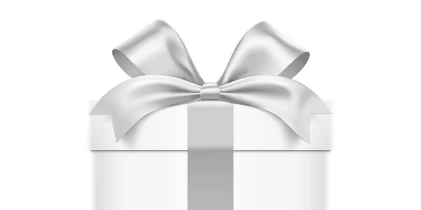 Λευκό Κουτί Δώρου Τυλιγμένο Σατέν Κορδέλα Που Απομονώνεται Λευκό Φόντο — Διανυσματικό Αρχείο