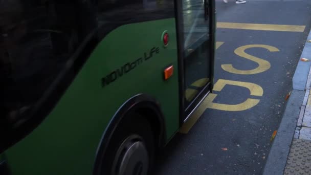 Autobús Público Verde Para Semáforo Bus Stop Frente Los Peatones — Vídeos de Stock