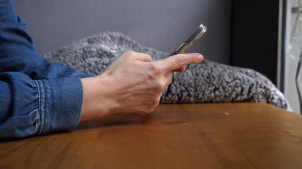 Akıllı Telefondan Parmaklarıyla Mesaj Yazan Bir Kadın Yan Görüntüde Kadın — Stok video