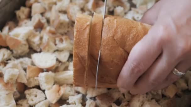 Woman Cutting Bread Slices Knife Make Homemade Crackers Close Shot — Stock Video