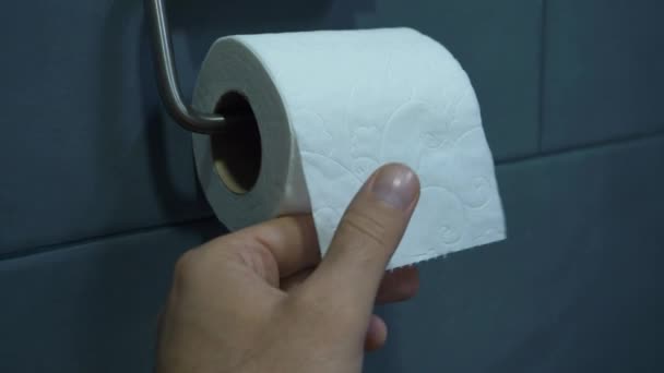 Ktoś Pewnie Wyciągnął Kartkę Papieru Toaletowego Jedną Ręką Rolki Zamontowanej — Wideo stockowe