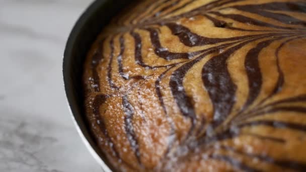 Zebra Cake Chocolate Stripes Pattern Baked Metal Cake Pan Placed — Stock Video