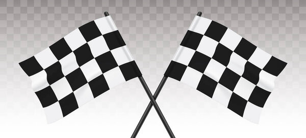 Two checkered flags crossed on a transparent background, symbolizing the start or finish of a motor racing event, vector illustration.