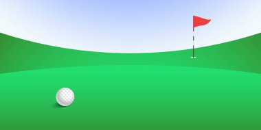 Kırmızı üçgen bayraklı golf topu mavi gökyüzü arka planında yemyeşil bir rotada, vektör illüstrasyon.