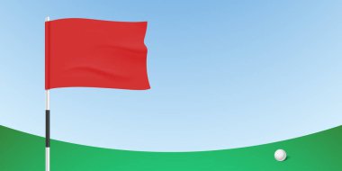Kırmızı bayrağın yanındaki golf topu yemyeşil bir pistte mavi gökyüzü arka planında, vektör illüstrasyonu.