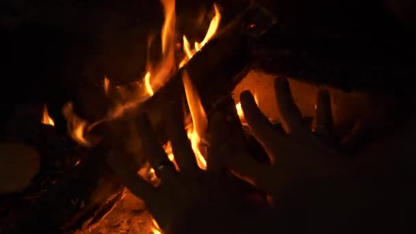 Μια Γυναίκα Ζεσταίνει Χέρια Της Δίπλα Στη Φωτιά Φλέγεται Ένα — Αρχείο Βίντεο