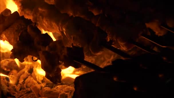 Skewered Meat Sizzles Grilled Crackling Flames Fireplace Traditional Mtsvadi Preparation — Stock Video