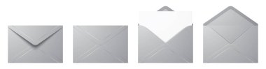 Gerçekçi gümüş renkli zarfların vektör seti farklı pozisyonlarda. Katlanmış ve açılmış lüks bir zarf. Beyaz bir arka planda izole edilmiş..