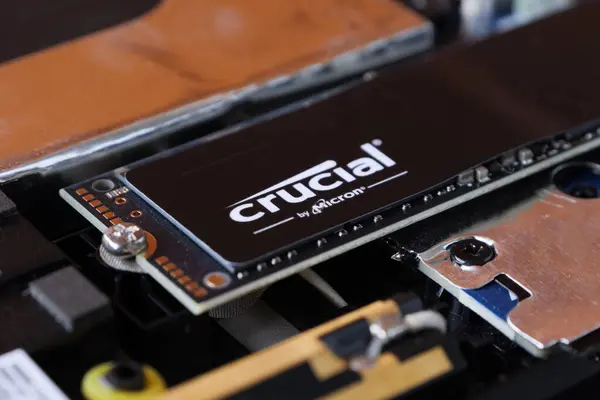 Kritik SSD 'nin yakın çekimi. Bir bilgisayar sistemine yerleştirilmiş katı bir sürücünün makro görüntüsü. Tsemi, Gürcistan - 3 Temmuz 2024.