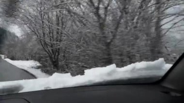 Araba, kışın ağaçlar ve yoğun kar yağışı ile çevrili karlı bir yolda ilerliyor..