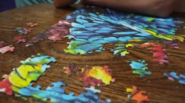 Tahta masaya yapboz monte eden kadın renkli parçaları birleştiriyor.