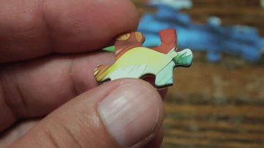 Renkli bir yapboz parçasını tutan eli kapat