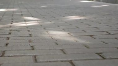 Gri kaldırımda sabit adımlar, ritmik bir yolculuk yaratır.