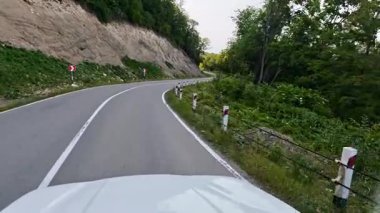 POV beyaz çizgiler ve yeşil ağaçlarla dolambaçlı bir dağ yolunda ilerliyor.