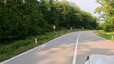 Dağ yolu yeşil bir ormandan geçiyor.