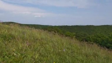 Mavi gökyüzünün altındaki yeşil dağlar ve çayırlar resimsel bir manzara yaratır.