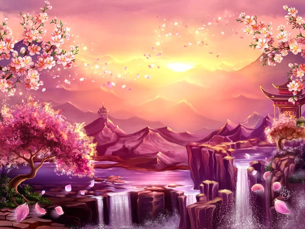 素晴らしい背景 デジタルアート 滝と桜が咲く夜明けの山の素晴らしい風景のイラスト — ストック写真