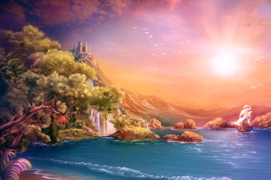 Romantik günbatımı, ortaçağ kaleli deniz manzarası, yelkenli ve Akdeniz evleriyle dolu bir gemi. Dijital sanat