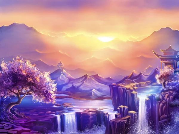 Fabulous Background Digital Art Illustration Dawn Mountain Fantastic Landscape Waterfalls — Stock Photo, Image