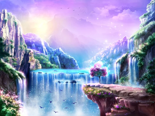 神奇的背景数字艺术以瀑布和盛开的樱花为主题的黎明山奇景图景 — 图库照片