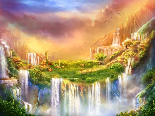 Romantic mountain landscape with waterfalls and columns, digital art