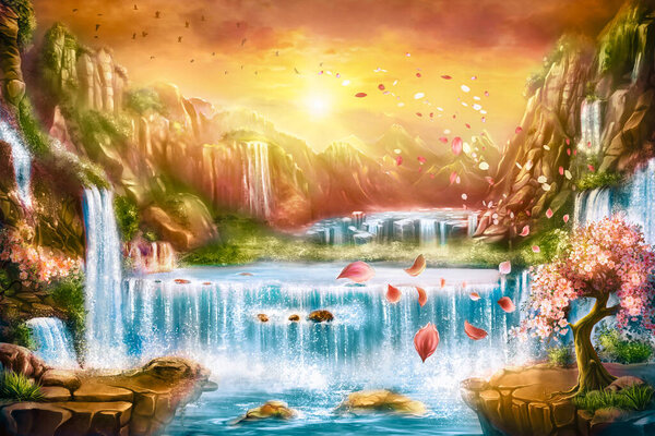 Fabulous background, digital art. Illustration of a dawn mountain fantastic landscape with waterfalls and blooming sakura