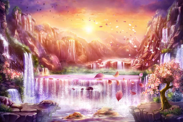 Fabulous Background Digital Art Illustration Dawn Mountain Fantastic Landscape Waterfalls — Stock Photo, Image