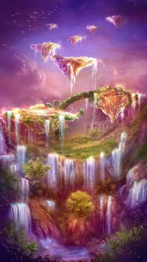Sihirli adalar. Fantastik masal geçmişi, dijital sanat. Şelaleleri, kuşları ve uçan adaları olan bir dağ şafağı manzarası. Oyunlar için konum, tebrik kartları veya kitaplar için illüstrasyon olarak kullanılabilir. Yapay zeka tarafından oluşturulmadı